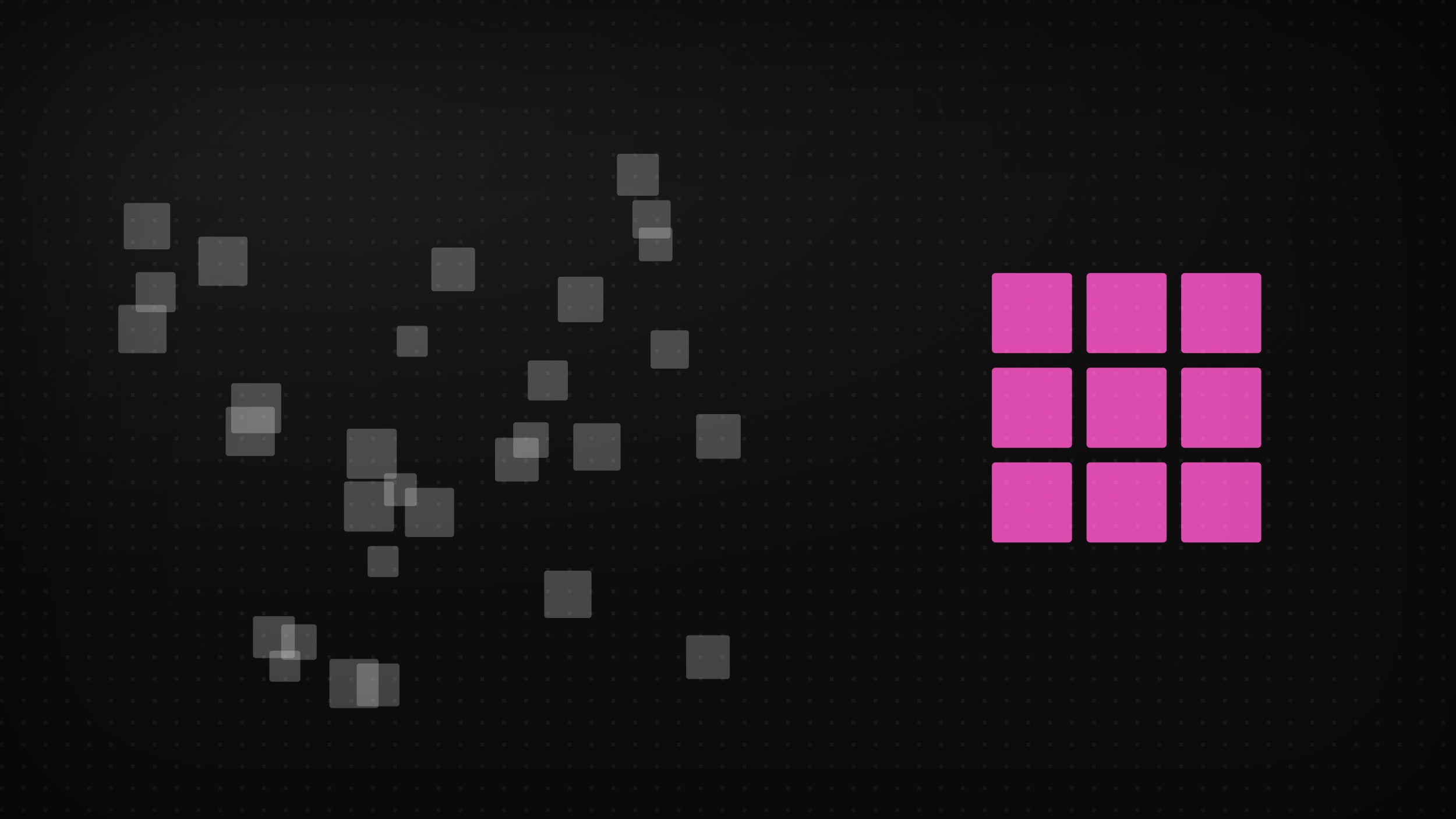 Abstrakte Grafik: links verstreute Quadrate, rechts ein dichter Block aus neun.